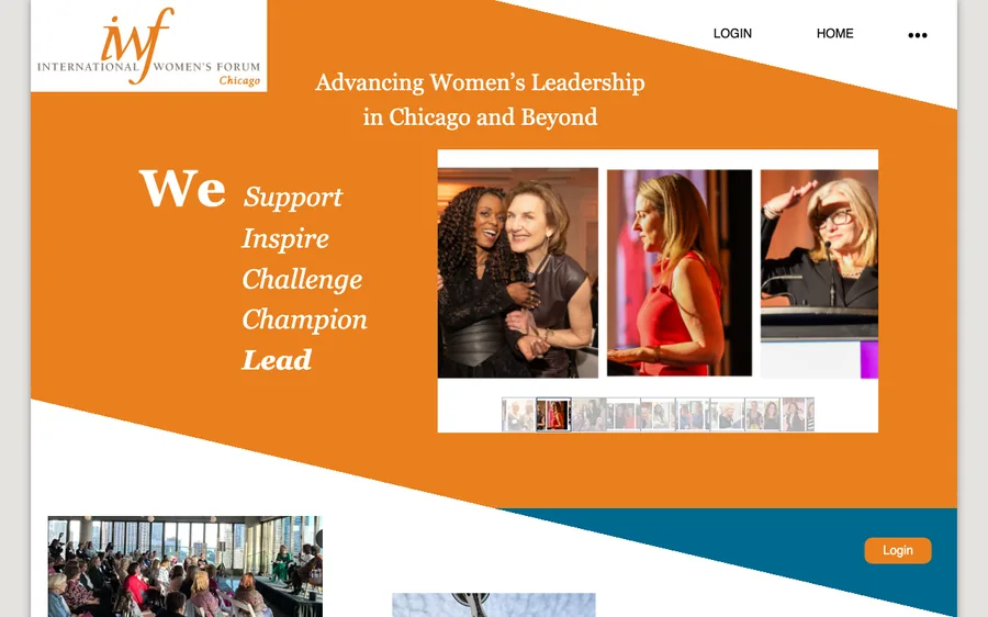International Women's Forum Chicago homepage in the organization's bold orange brand, with member photography and login
