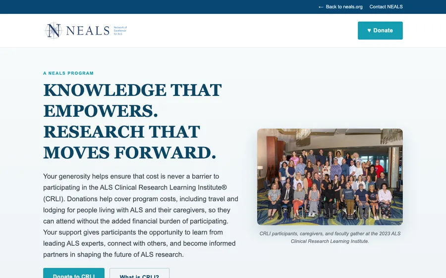 NEALS CRLI donation page: one story and one action, with the donation form styled to the NEALS brand