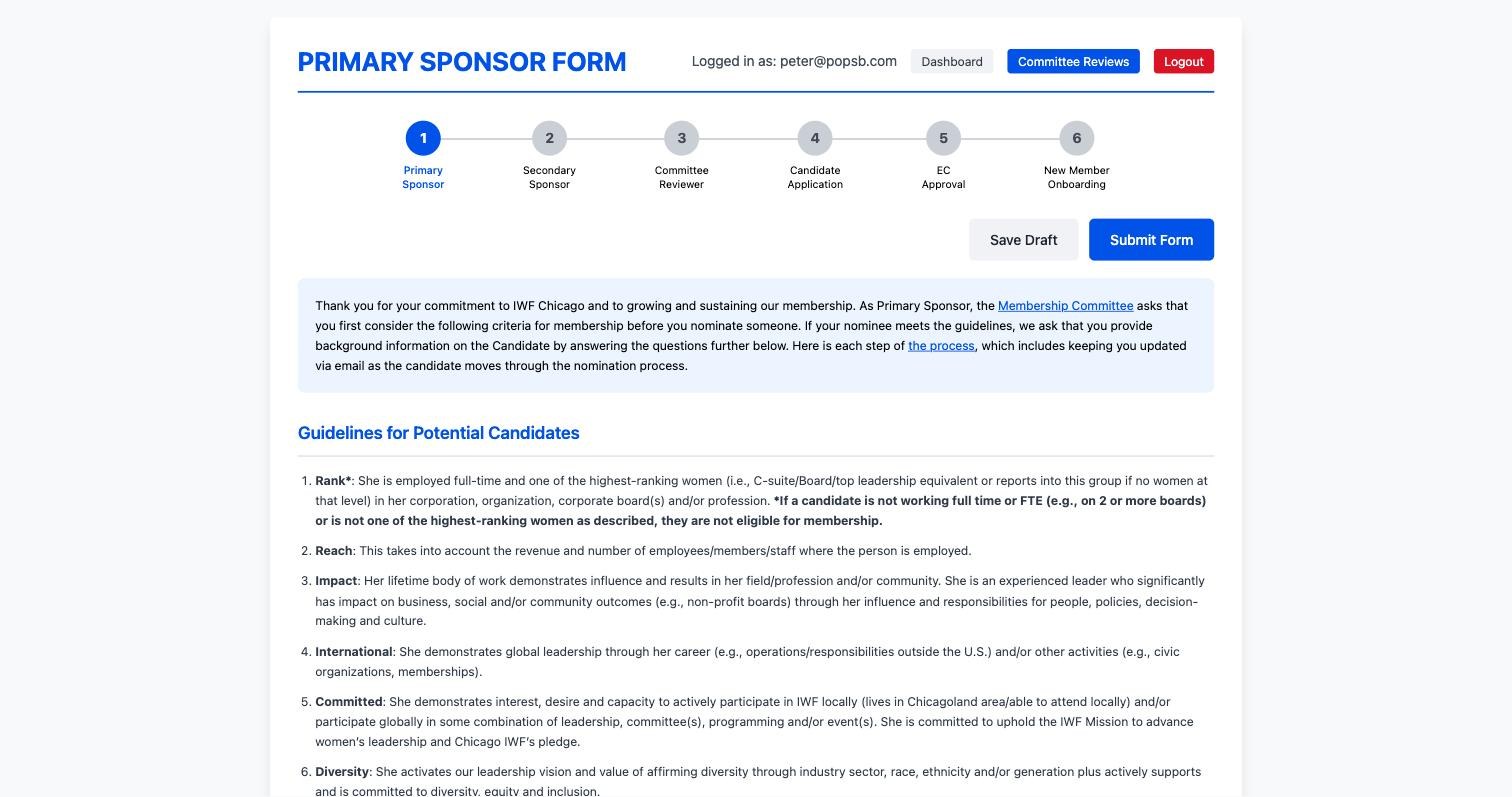 IWF nominations portal - the structured sponsor form with its six-stage pipeline tracker