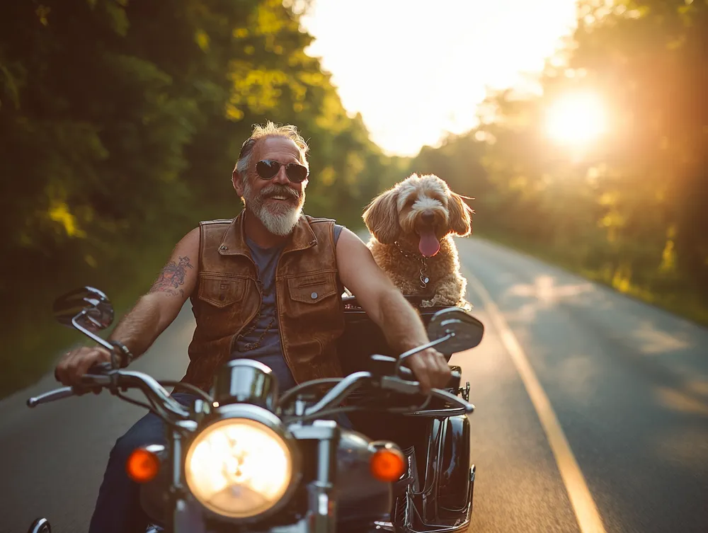 A mustachioed biker rides a cruiser motorcycle at golden hour with a happy doodle sitting in the sidecar, tongue out