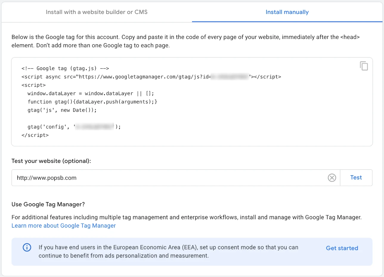 Google Analytics installation instructions, Install manually tab, showing the Google tag code snippet to copy